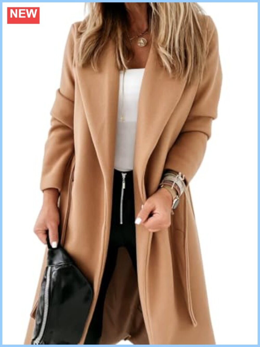 Women's Classic Belted Long Trench Coat Lapel Collar & Open Front Polyester